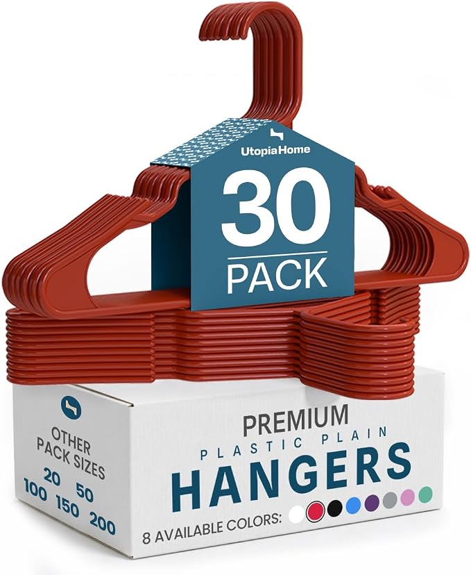 Utopia Home Plastic Hangers 30 Pack – Space Saving Clothes Hanger Red | Durable & strong | Closet organizer & storage | Ideal for apartments, dorms & stocking stuffers