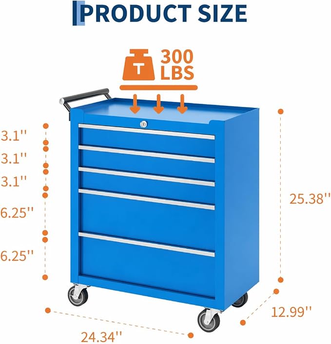 Garvee Rolling Tool Chest, 5 Drawers Tool Storage Cabinet, Toolbox with Wheels, Portable Tool Cabinet Organizer with Locking System & Drawer Liners, Tool Storage Cart for Garage, Workshop, Blue