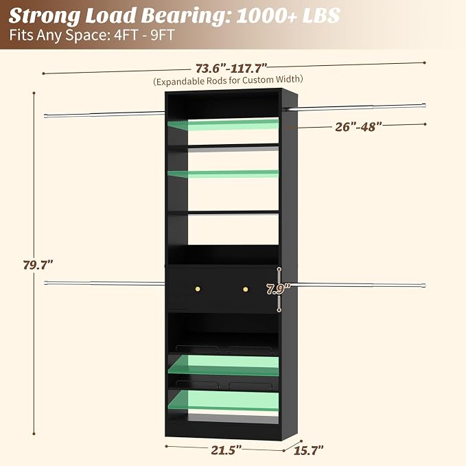 Wood Closet Organizer System - 4FT-9FT Expandable Wardrobe Closet with Drawer & 4 Hanging Rods, Heavy Duty Walk-in Closet 1000Lbs for Bedroom Walk-in Closet, Black