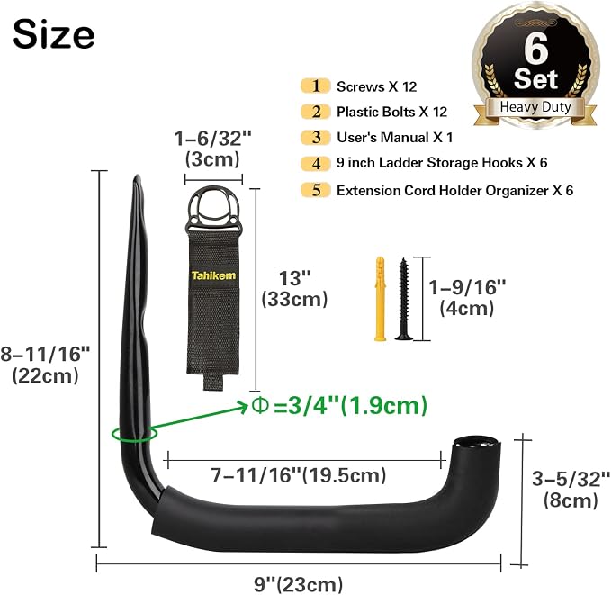 6 Pack 9-Inch Wall Mount Garage Storage Hooks for Ladder & Tools | Wall Mounted, Rust Resistant,Hooks with Installation, J Hooks for Ladder, Bike, Cable Bracket(Max 30 lbs)