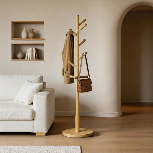 Solid Wood Coat Rack Freestanding with 9 Hooks - Wooden Coat Rack Stand for Entryway, Bedroom, Living Room, Hallway for Coats, Handbags, Hat (Natural)