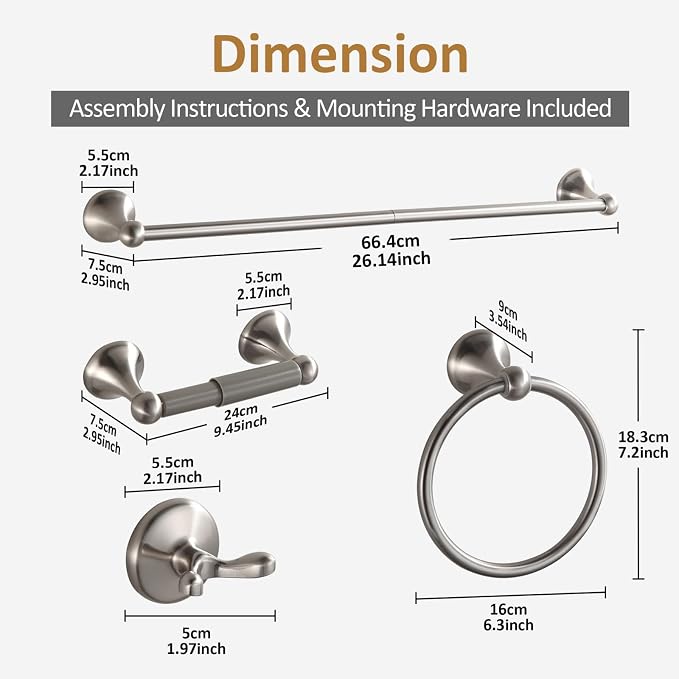 BGL Bathroom Accessories Set, Glossy Stain Nickel Expandable Towel Bar 4-Piece Bathroom Accessory Set Wall Mounted Towel Ring Robe Hook Toilet Paper Holder Towel Holder