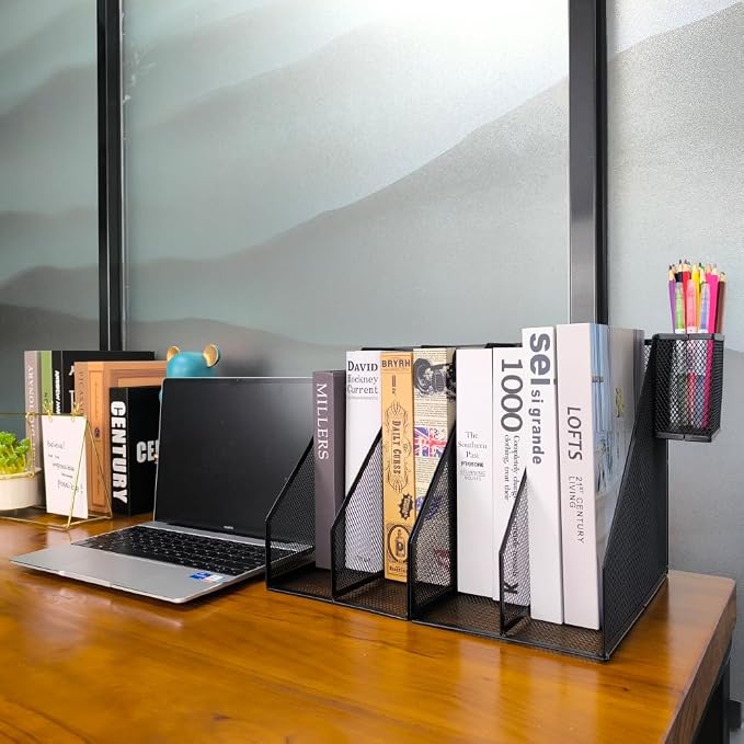 Mesh Desk Organizer Set, 2 Pack Set, with Pen Holder | Metal mesh desktop organizer set. 4-compartment file holder. Space-saving storage for office, home, school, Black
