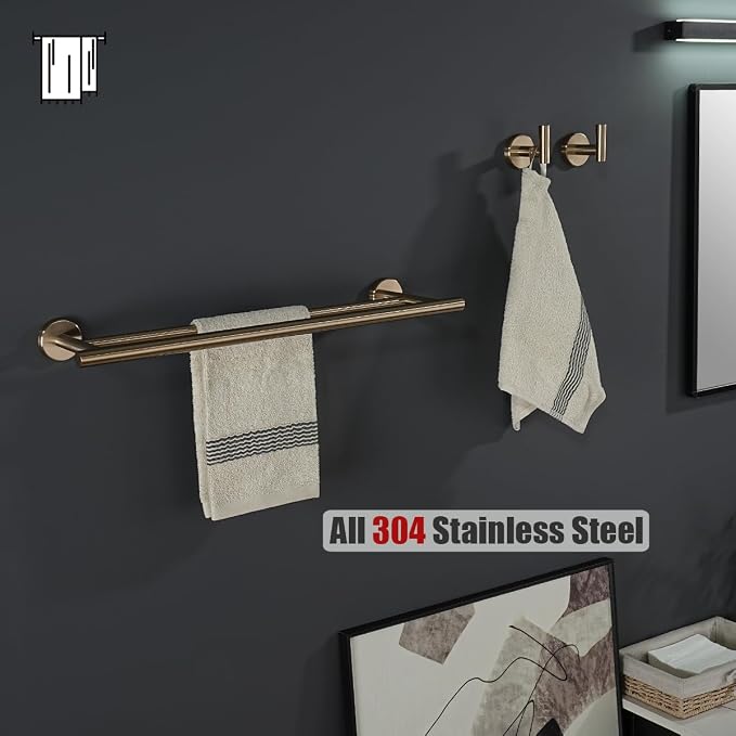 JQK Double Towel Bar Champagne Bronze, 19 Inch 304 Stainless Steel Thicken 0.8mm Towel Rack Bathroom, Towel Holder Wall Mount, Useable Length 16 Inch, TB100L16-CB