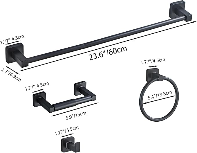 Matte Black Bathroom Hardware Set 4 Pieces,Bathroom Accessories Set Stainless Steel Wall Mounted, Hand Towel Bar, Towel Ring, Robe Towel Hooks,Toilet Paper Holder,Towel Bar Set, 23.6 Inch