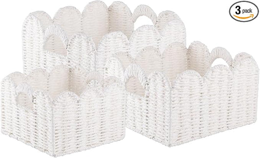 OIAHOMY Scalloped Wicker Baskets, Hand-woven Storage Baskets with Built-in Handles, Paper Rope Shelf Baskets for Organizing and Decoration, Set of 3-White