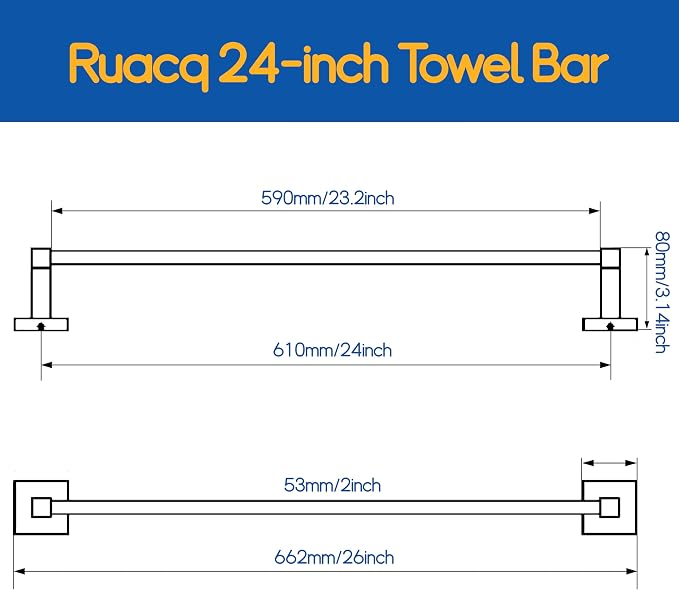 RUACQ Towel Bar 24" Towel Racks for Bathroom Wall Mounted, Chrome | One-Piece Bath Towel Holder, Total Length 26 Inch Single Towel Rod, 304 Stainless Steel Rustproof, Square Base, Heavy Duty