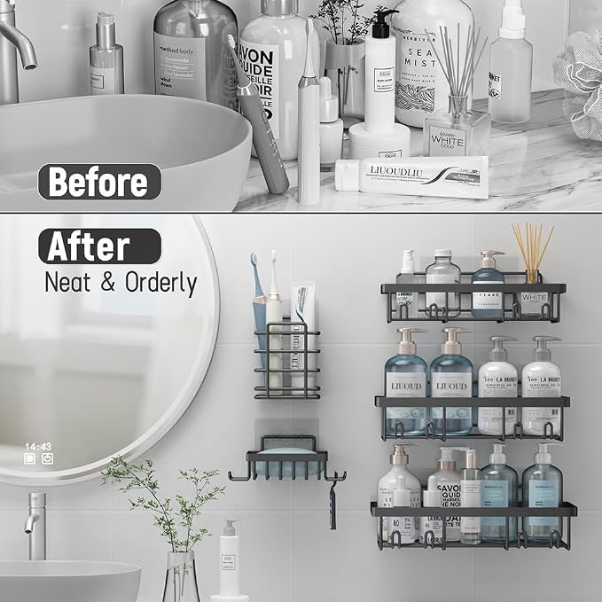 Liuoud 5 Pack Shower Caddy Organizer Rack Shelf for Inside Shower, Self Adhesive Bathroom Wall Storage Basket Rustproof Stainless Steel Large Capacity Shampoo Holder, Dark Grey