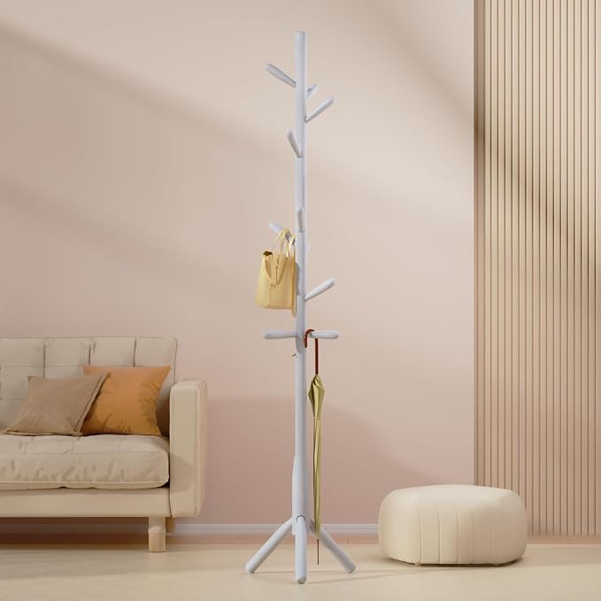 Solid Wood Coat Rack, Freestanding Tree-Shaped Coat Rack with 11 Hooks, Main Pole 1.6" dia for Clothes, Hat Stand Used in Bedroom/Office/Entryway (3-Leg Base, White)