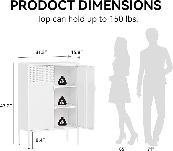 COFaR White Metal Storage Cabinet with Adjustable Shelves, 47”H Modern Buffet Sideboard & Coffee Bar Cabinet with Magnetic Doors, Ventilated Steel Organizer for Kitchen, Dining Room, Home Office