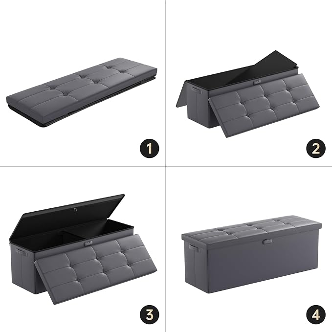 ENGPOW Storage Ottoman, Fireproof Folding Bench with Lock(15”x 43”x15”), Water-Resistant ＆ Heat Insulation Large Storage Chest with Handles＆2 Extra Spaces Safe for Living Room, Bedroom, Home, Grey