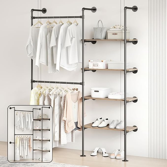 Industrial Pipe Clothing Rack | Hanging Rods Clothes Rack with Shelves, Clothes Rack for Wardrobe, Corner Closet System for Walk in Closets