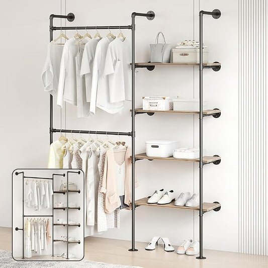 Industrial Pipe Clothing Rack | Hanging Rods Clothes Rack with Shelves, Clothes Rack for Wardrobe, Corner Closet System for Walk in Closets