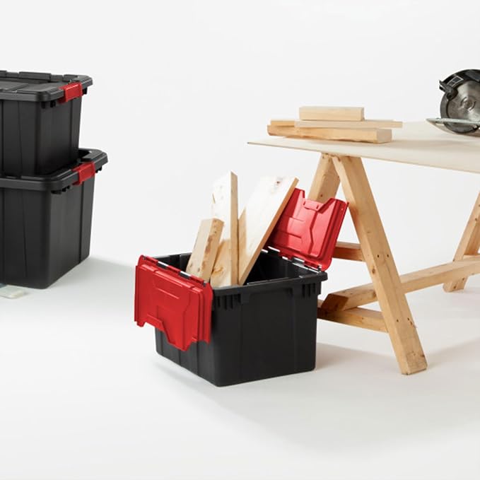 Sterilite Industrial Storage Tote with Lids for Garage, 12 Gallon, 12-Pack | Heavy-Duty and Stackable Utility Box Containers for Home, Office, and Basement Organization, Black/Red
