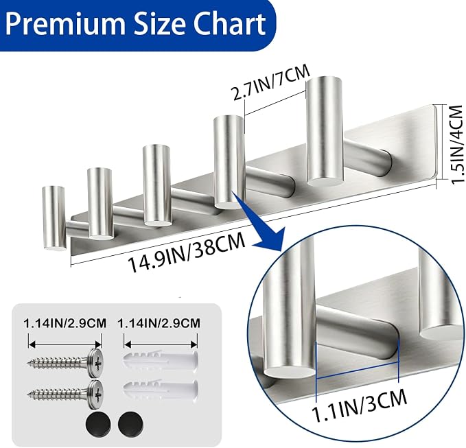 Brushed Nickel Coat Rack Wall Mount - 5 Hooks, Heavy Duty Stainless Steel Wall Hooks for Towels, Coats, Robes, Bags, Hats, Keys, Wall Coat Hanger for Bathroom, Entryway, Kitchen, Hotel, Bedroom,Office