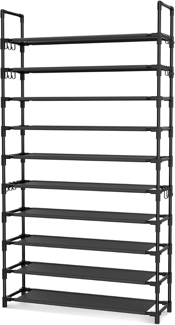 LANTEFUL Tall Shoe Rack 10 Tier Shoe Organizer Large Shoe Shelf with 18 Hooks Storage for 50 Pair, Stackable Vertical Shoe Rack Organizer for Closet, Entryway, Bedroom