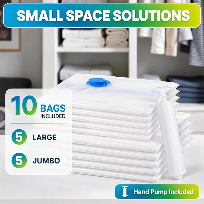 Vacuum Storage Bags,10Pack Vacuum Seal Bags for Clothing,Bedding,Clothes,Comforters,Blankets,Pillows-5 Jumbo+5Large Space Bag Vacuumm Storage Bag Hand Pump Inclued