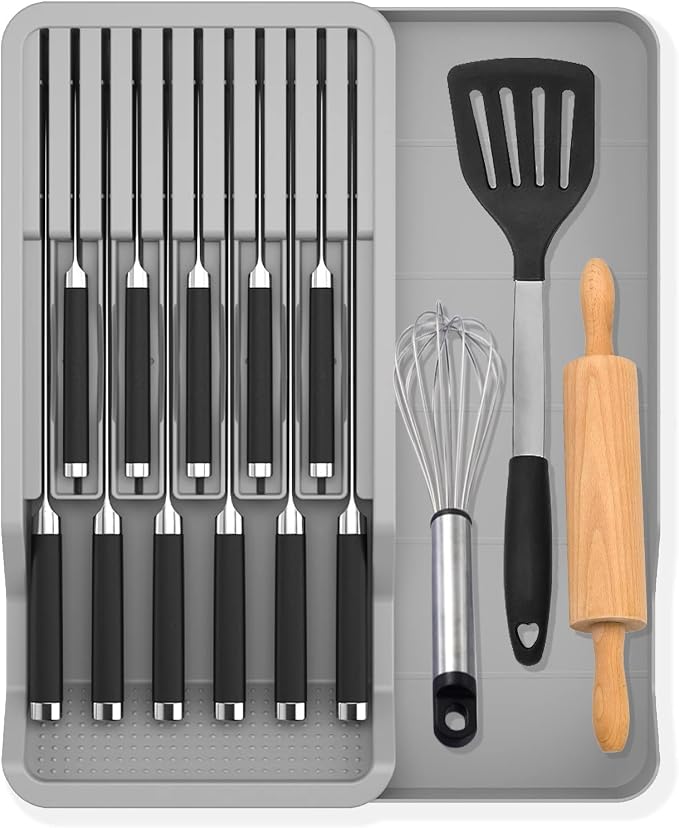 Expandable Drawer Knife Insert Organizer - Plastic Knife Storage Tray for Kitchen Drawers, Adjustable to Fit 11 Knives & Utensils, BPA-Free, Ventilated, Space-Saving, Easy to Clean