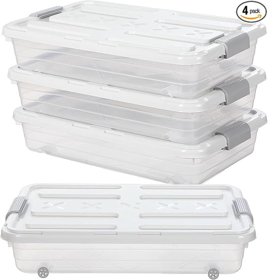 Beeveer 4 Pcs Plastic Under Bed Storage Containers with Lid Wheel Handle, Transparent Large Capacity Stackable Latching Storage Bins for Closet Bedroom Clothes Shoes Blanket(23.7 x 15.8 x 5.2,White)