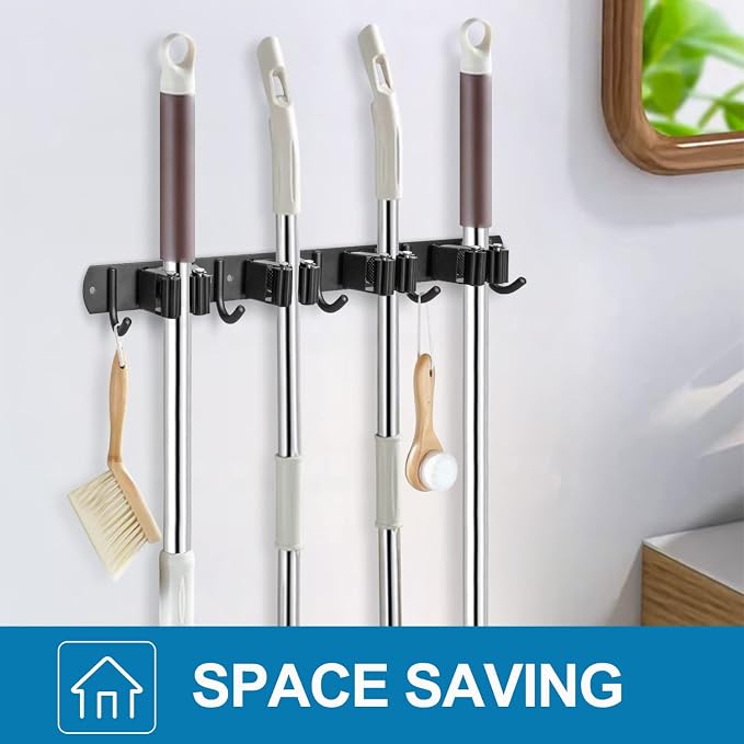 IMILLET Broom Holder Wall Mount, Heavy Duty Garage Organization Mop Hanger | Stainless Steel Broom and Mop Organizer Wall Hanging Self Adhesive for Laundry Room,Garden,Utility