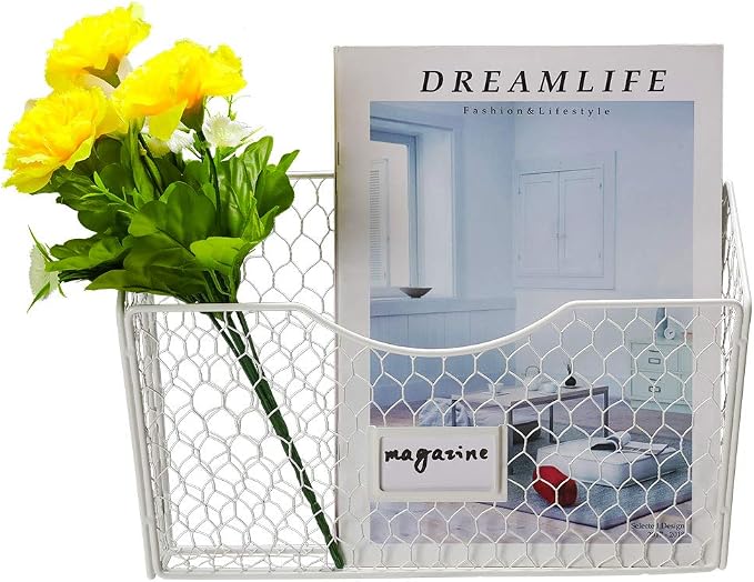 3 Pockets Hanging File Holder Wall Mount Mail Organizer Metal Chicken Wire Magazine Rack with Tag Slot, White