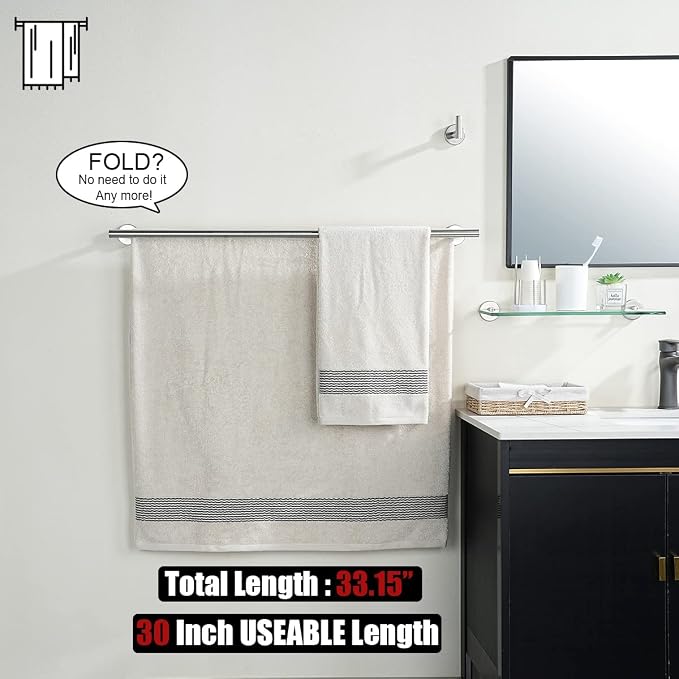 JQK Double Bath Towel Bar, 33 Inch 304 Stainless Steel Thicken 0.8mm Towel Rack for Bathroom, Brushed Finished Wall Mount, 30 Inch Useable Length 2 Pack, TB100L30-BN-P2
