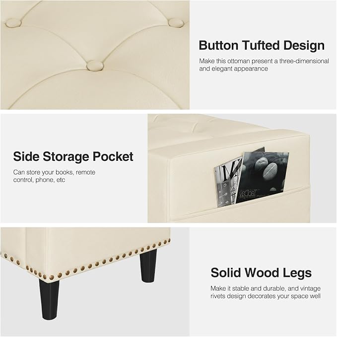 60" Storage Ottoman Bench, Faux Leather Upholstered Bed Bench with Tufted Buttons and Nailhead Trim, Large Ottoman with Storage for King Size End of Bed, Bedroom, Entryway, Hallway (Cream White)