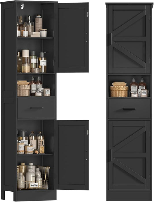 Tall Bathroom Storage Cabinet with Barn Doors, Narrow Bathroom Cabinet with Drawer, Narrow Storage Unit, Adjustable Shelves, Floor Cabinets for Living Room, Entryway, Kitchen, Black