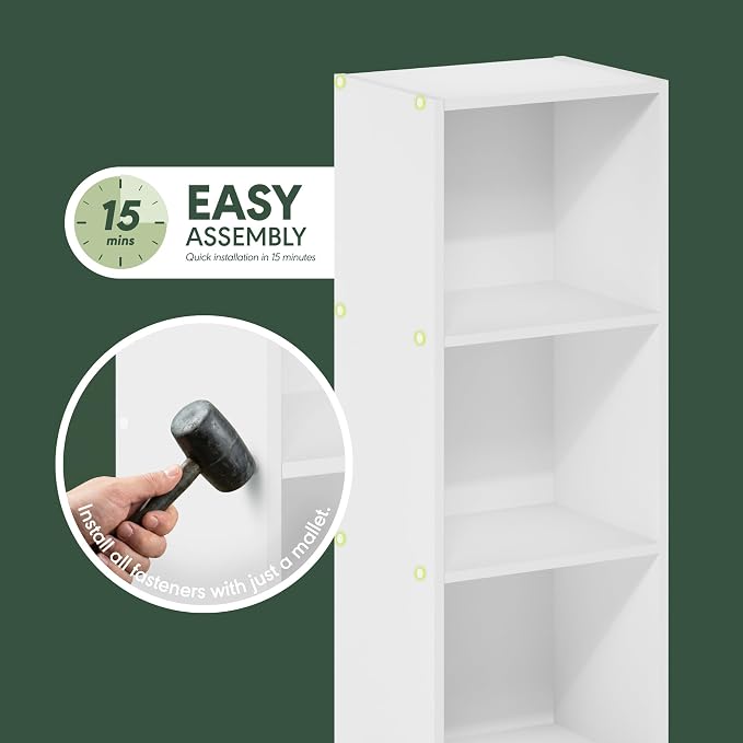 Furinno PASIR Book Shelf, 3-Tier Bookshelf, Easy Assembly Bookcase with Open Shelves, 9 x 12 x 32, for Living Room, Bedroom, Home Office, Plain White
