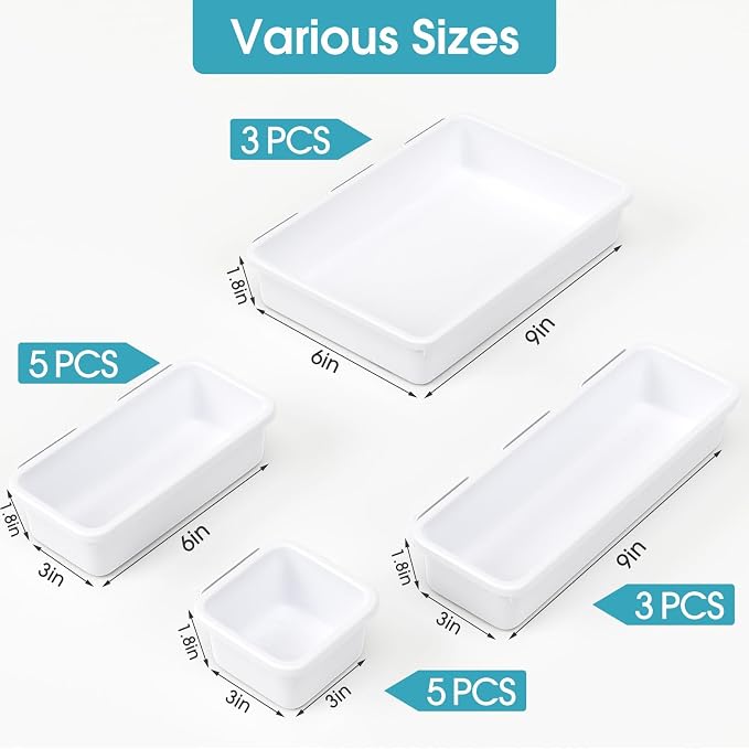 16 PCS Drawer Organizer Set, 4 Size Makeup Drawer Divider Organizer With Non-Slip Pads, Interlocking Plastic Storage Bins for Office,Jewelry Vanity,Gadgets, Bathroom,Kitchen, White