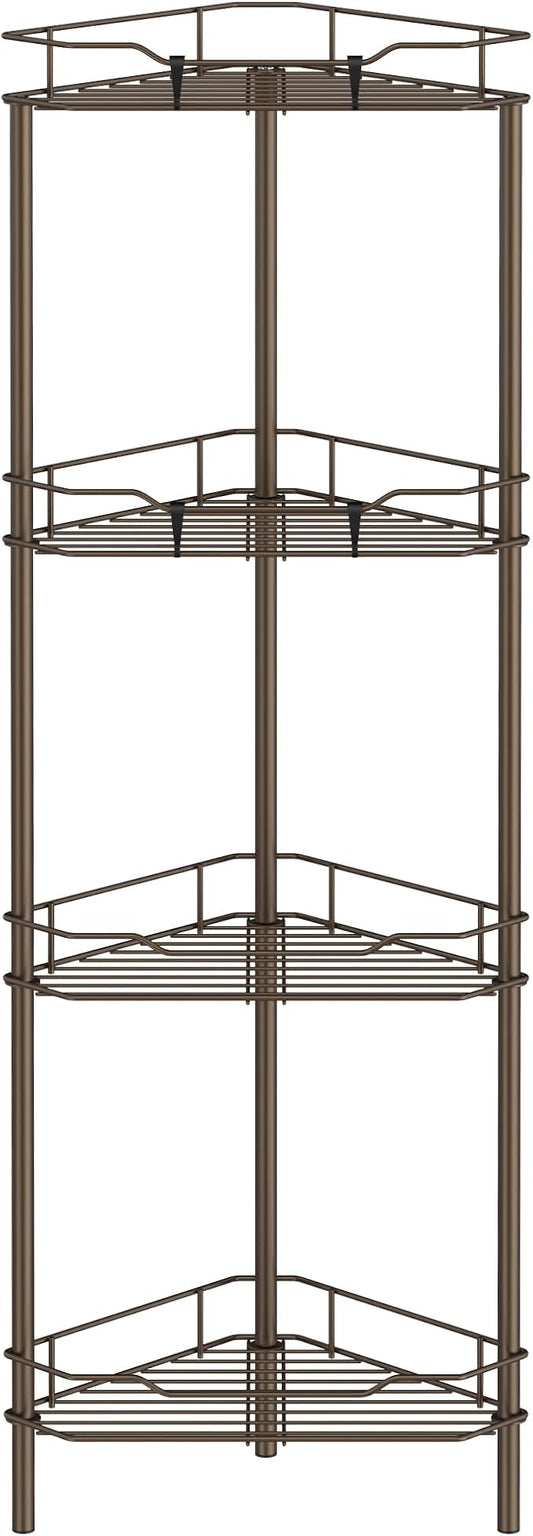 HuggieGems 4 Tier Floor Standing Corner Shower Caddy Organizer Shelf with Hooks, Bathroom Shelves Stand Rack, Bronze