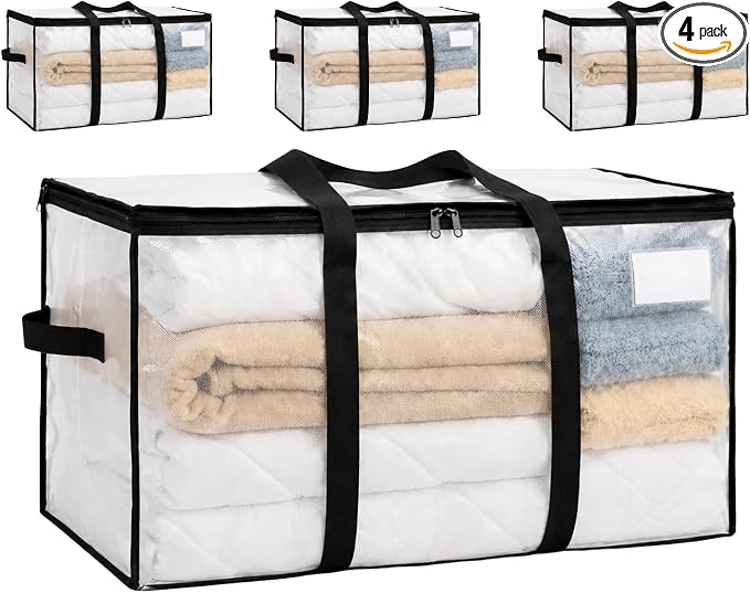 Comforter Storage Bags with Zipper and Handles (90L) - Extra Large Moving Bags 27" Heavy Duty, Waterproof Storage Bags for Moving, Foldable Storage Totes for Bedding, Blankets, Closet & College (4)