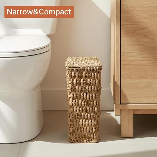 Coeusy 3 Gallon Paper Rope Bathroom Trash Can,Small Wicker Trash Cans with Lid and Liner,Woven Rattan Narrow Waste Basket for Bedroom,Office,Natural