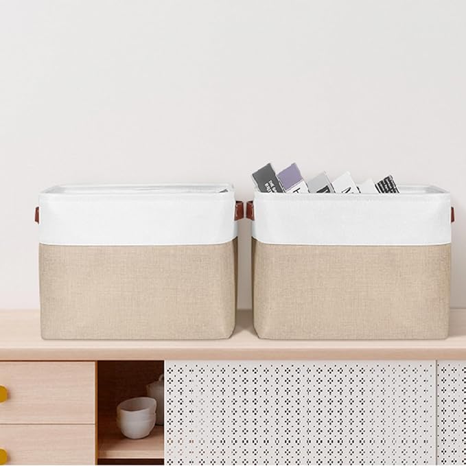 Univivi Fabric Storage Baskets for Shelves,15 inch,Khaki,4 Pack | Large Capacity,Linen Closet Baskets,Metal Frame,Hard Cardboard Bottom,Foldable,with PU Handles