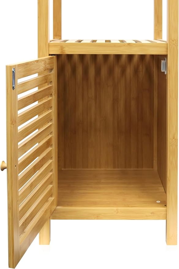 RoyalHouse Bamboo 3-Tier Floor Organizer with Shutter Door, Freestanding Storage Tower for Bathroom, Bedroom, Kitchen, Laundry Room – Eco-Friendly Natural Bamboo