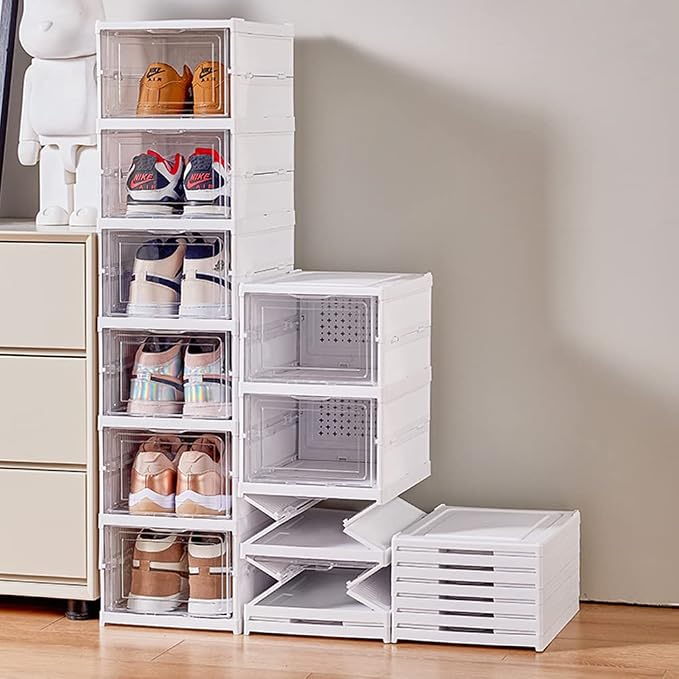 6-Tier Shoe Rack Shoe Storage Box Bins Clear Collapsible Plastic Installation-Free Stackable Foldable Tote with Lids Organizing Dustproof
