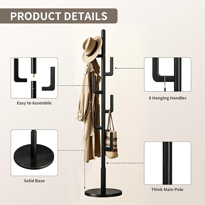 Coat Rack,Solid Wood Cactus Freestanding Coat RackWith 6 L-Shaped Hooks and 3 Adjustable Sizes,Coat Tree for Bedroom, Entryway, Livingroom, Coat Hanger Stand for Coats, Handbags (Black)