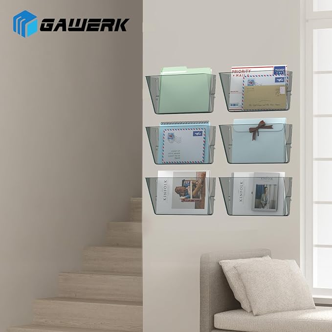 Gawerk Clear Acrylic Single Pocket, Plastic Hanging Wall Mount File Holder for Office Home (Gray, 4 Pack)