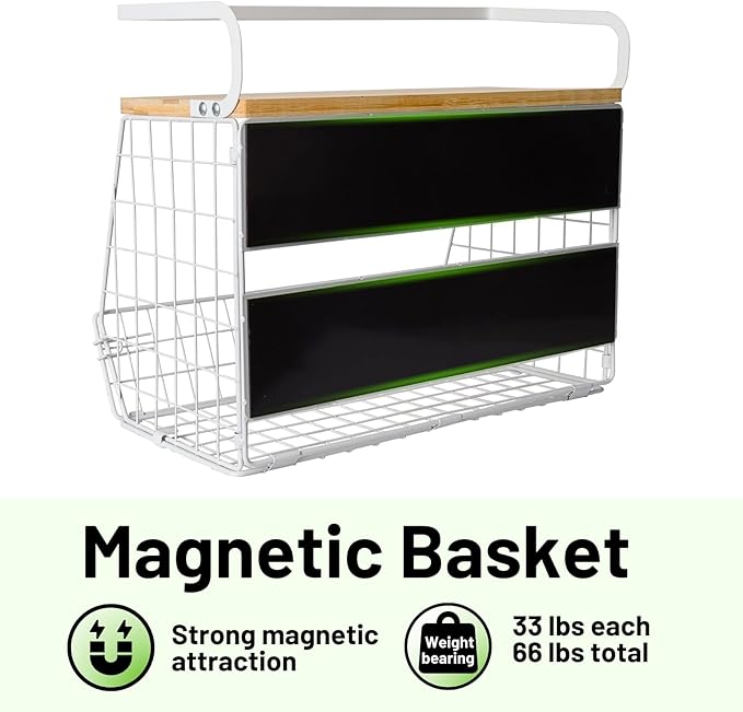 Magnetic Fridge Shelf with Wood Lid, Fruit Potato Onion Storage Bins, Pantry Organizers, Large Container Spice Rack for Refrigerator, Kitchen Counter, Cabinet (1, White)