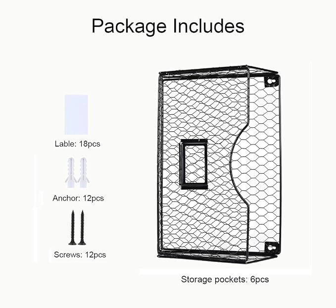 6 Pockets Hanging File Holder Wall Mount Mail Organizer Metal Chicken Wire Magazine Rack with Tag Slot, Black