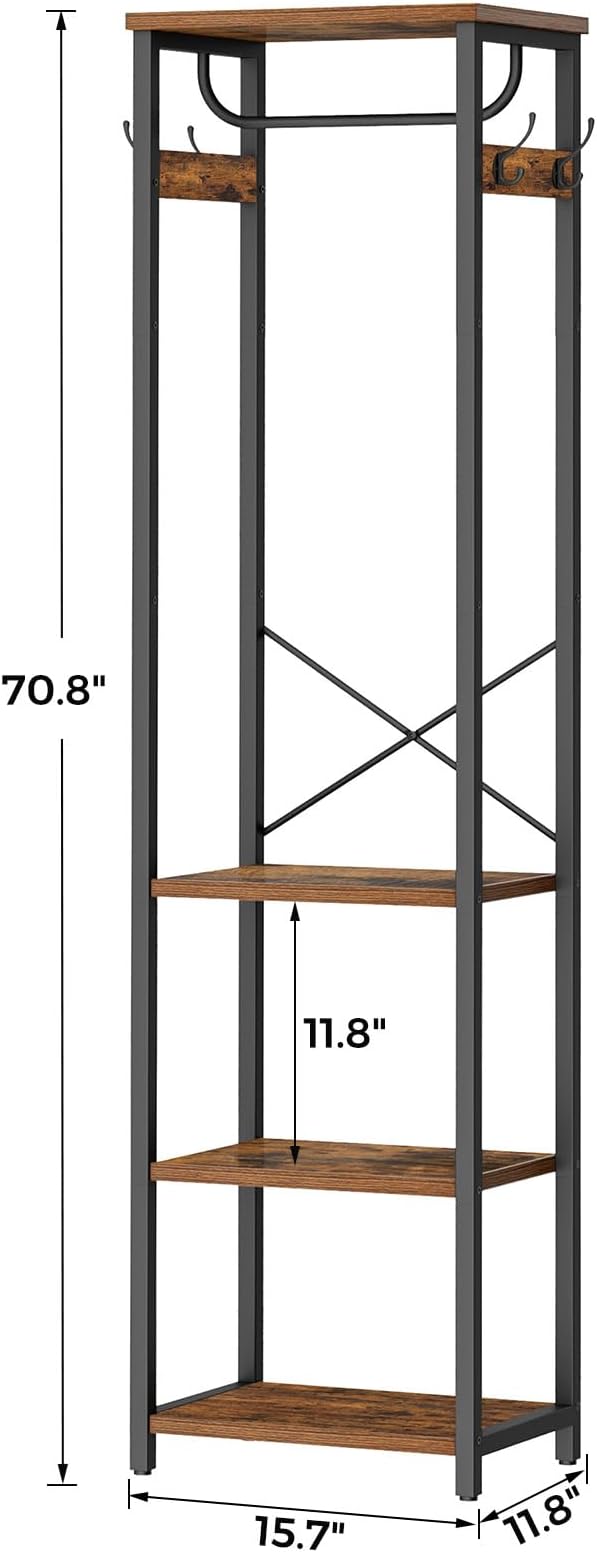 Coat Rack with Hanging Rod, Garment Rack with 3 Wooden Shelves and 4 Hooks, Freestanding Hall Tree, Industrial Clothes Rack Stand Organizer, Rustic Brown and Black