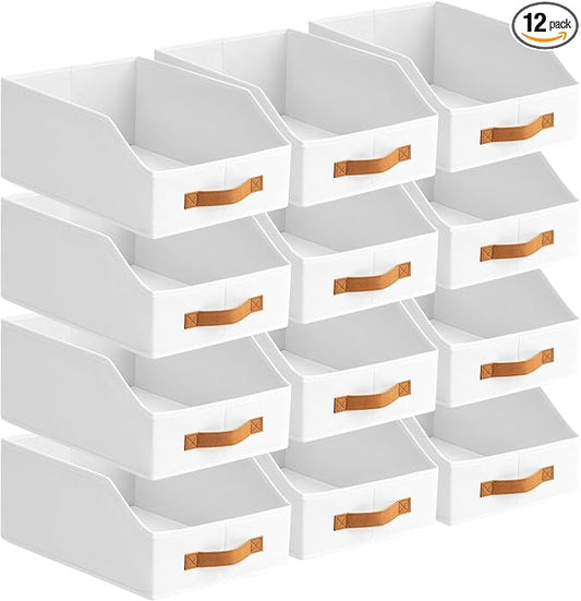 Fabric Storage Bins for Organizing - 12 Pack Large Trapezoid Collapsible Storage Bins with Front Handle, Closet Organizers and Storage for Bedroom, Home Shelves, Small Spaces, White