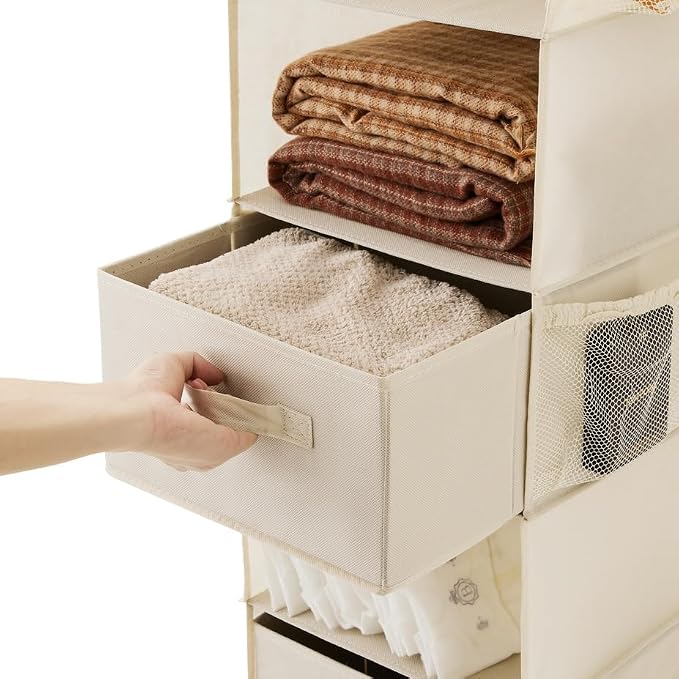 Hanging Shelf Closet Storage Organizer Removable 2 Drawers, Beige | Hanging Storage Organizer Hanging Sweater 2 Sock Underwear Drawers for Closet, Bedroom