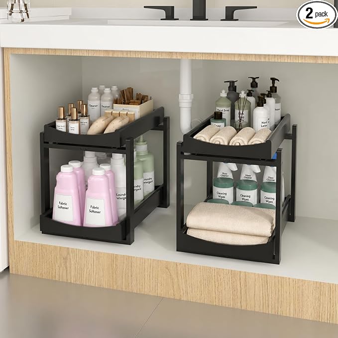 MHXW SXPN Bamboo Under Sink Organizer, 2 Pack Pull Out Cabinet Organizer | 2 Tier Vertical Smooth Slide Out Undersink Storage Shelf | Multi-Purpose Organizer Shelves for Kitchen Bathroom Medicine