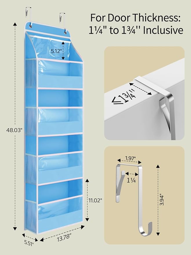 Yecaye 5 Tier Over the Door Organizer, Swing-proof Door Organizer Hanging with Clear PVC Windows, Behind the Door Storage for Bedroom Nursery Closet Laundry Pantry Bathroom, Blue