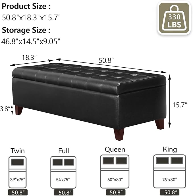 Joveco 51 Inch Storage Bench,Leather Tufted Storage Ottoman with Legs | Safety Hinges,Wooden Legs,Upholstered,End of Bed,Bedroom,Living Room,Entryway,330LBS,Black