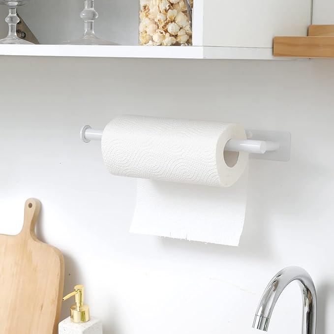 theaoo Under Cabinet Paper Towel Holder for Kitchen, Self-Adhesive, White | Wall Mounted Paper Towel Roll Rack for Bathroom or Kitchen, SUS304 Stainless Steel, Install with Adhesive or Screws