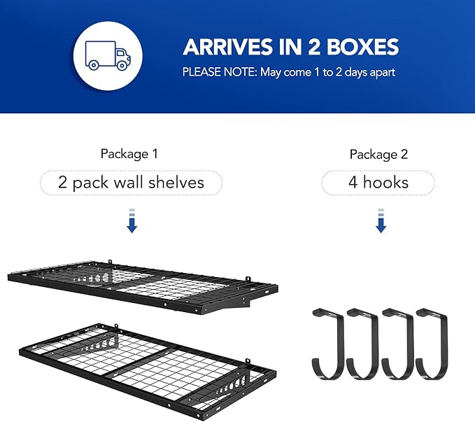 FLEXIMOUNTS 2 Pack 2x4ft Garage Storage with 4 Hooks, Black | 24x48 in, 660 lb Capacity, Heavy-Duty Steel, For Garage & Workshop, Storage Bins, Garden Tools, Pro Series