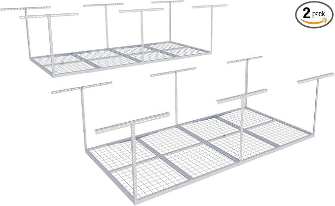 FLEXIMOUNTS 4x8 Overhead Garage Storage Rack, Adjustable Organization System, Heavy-Duty Metal Ceiling Racks, 2 pack, White, Classic Series