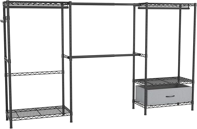 Golpart Heavy Duty Clothing Rack with Adjustable Shelves Clothes Wardrobe | Coat Rack Metal Closet Organizer and Storage Garment Rack for Hanging Clothes Wire Portable Cloth System Free Standing Black